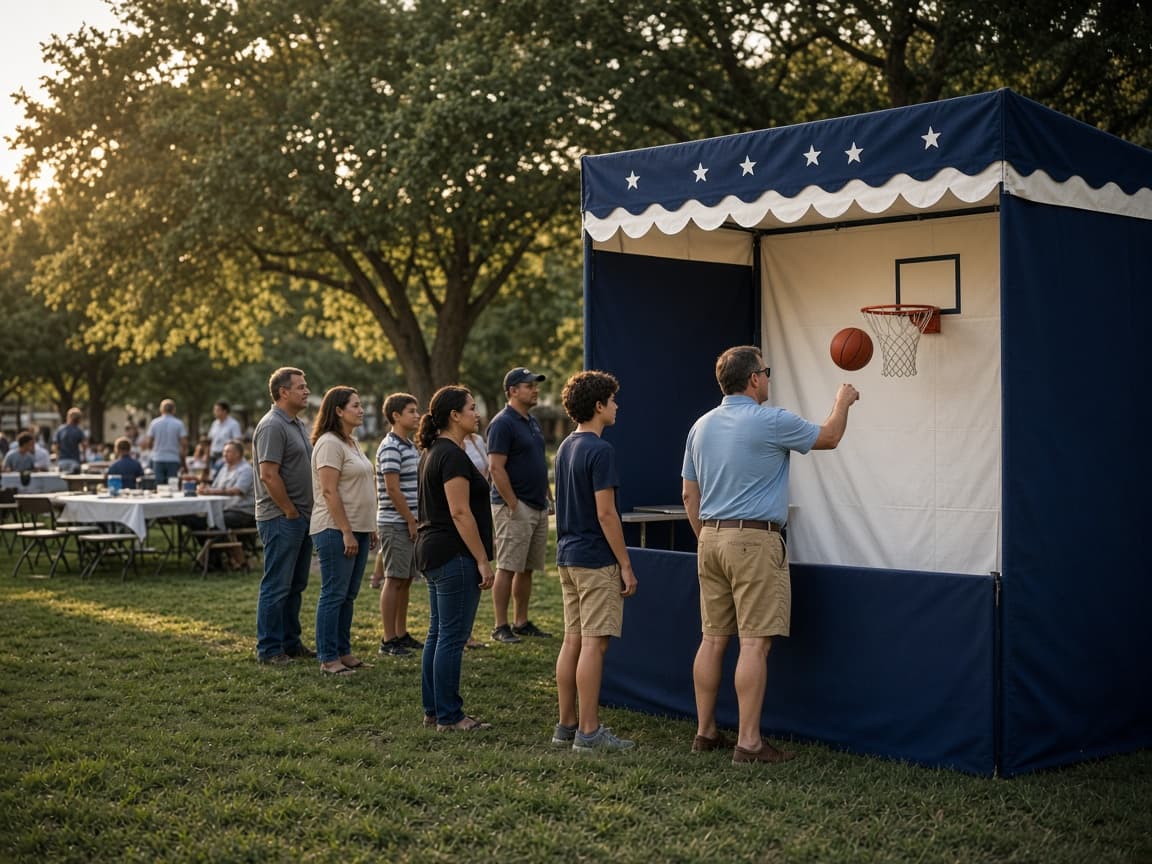 Representative photo of a carnival booth at a company picnic with adults and mixed ages.
