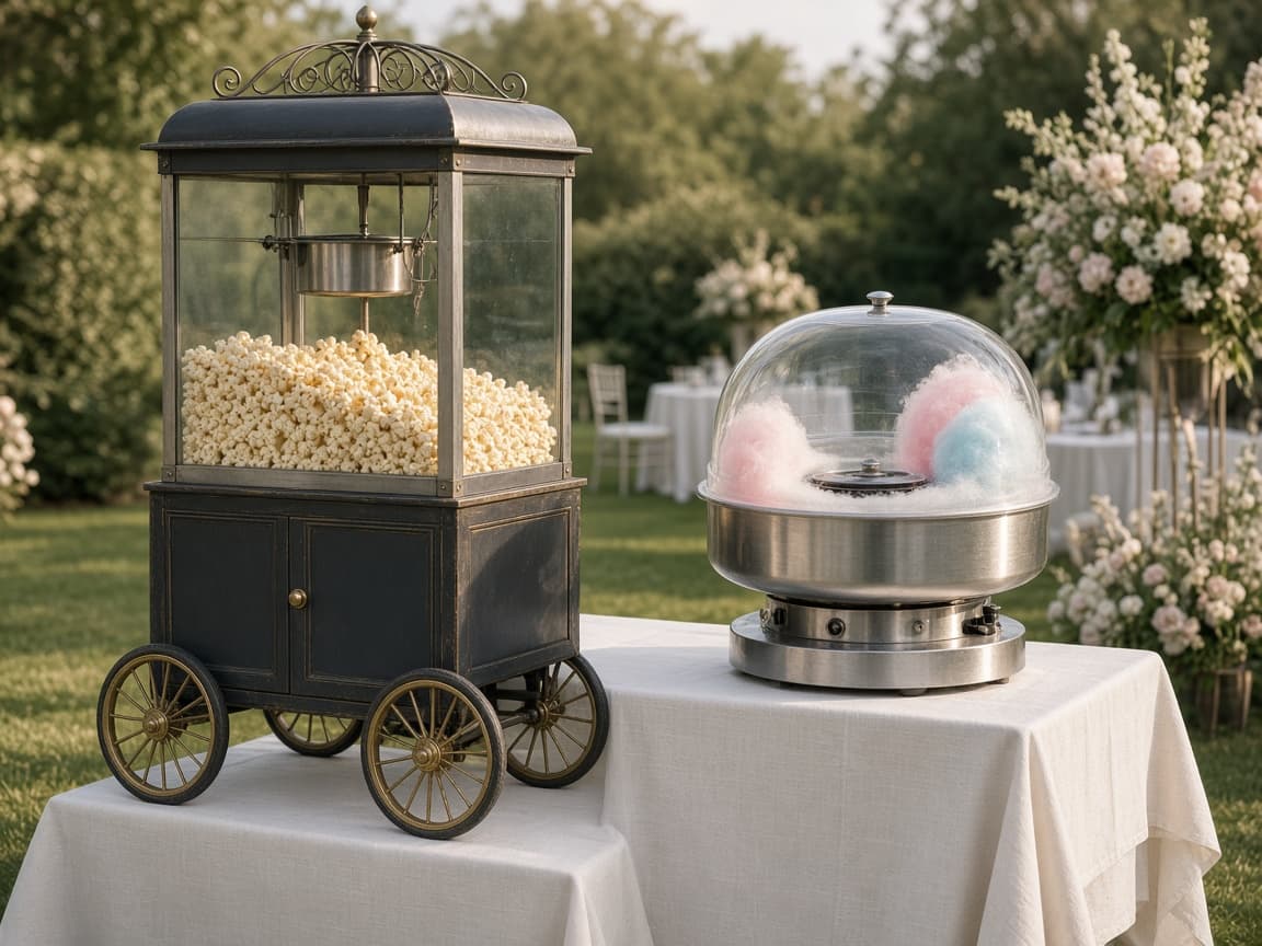 Representative photo of a popcorn and cotton candy station set for an outdoor event.