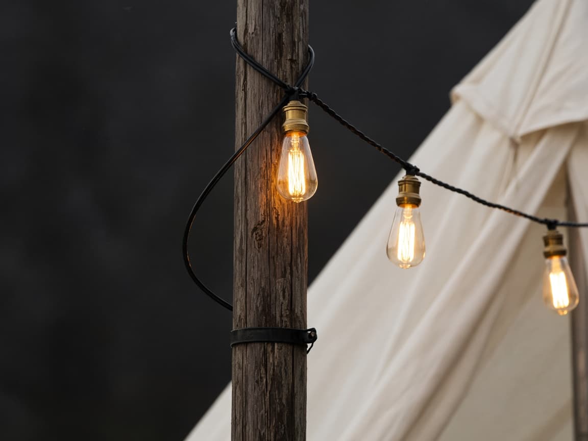 Representative detail of Edison bulbs on a frame-tent pole.