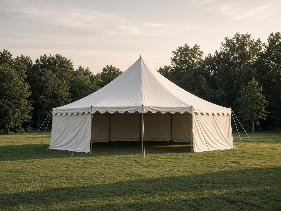 Representative photo of a high-peak frame tent on a lawn, shown without other rentals in the frame.