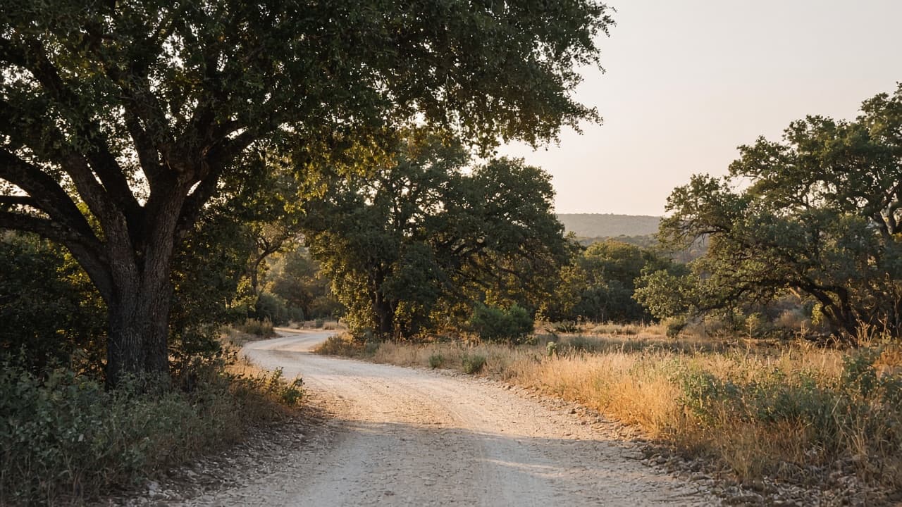Representative photo of live oaks along a Hill Country ranch drive. Not a specific venue.