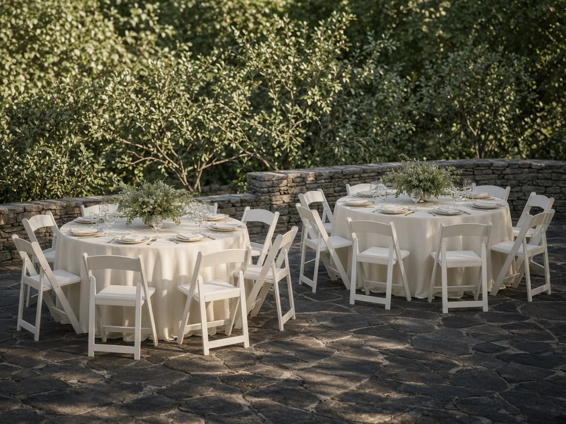 Representative photo of 60-inch round tables with white folding chairs.